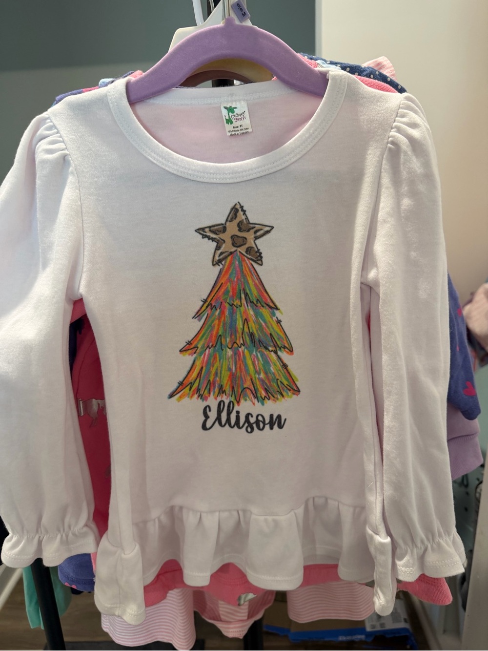 Ellison Girls' White Ruffle Hem Long Sleeve Top with Colorful Tree